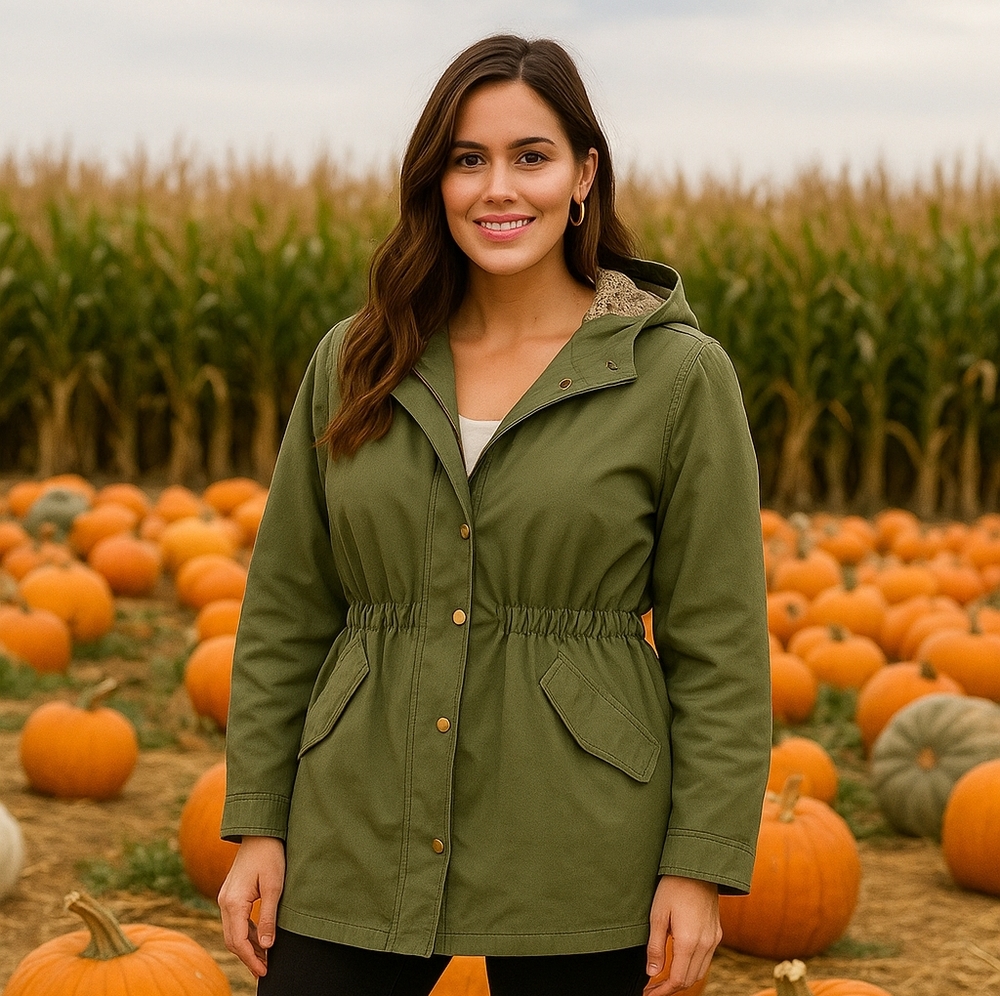 Olive Green Utility Jacket with Hood Snaps & Zipper POCKETS Size XL